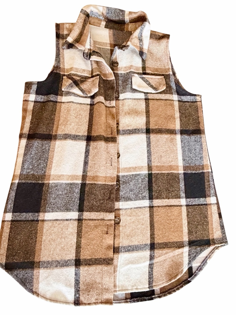 SHEIN Women’s Brown Sleeveless Plaid Button Cardigan Vest Size L